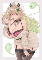 0naer absurdres animal_ears animal_print bag black_bag black_choker black_thighhighs blonde_hair bracelet breasts brown_hair candy cardigan choker cleavage dress female food green_dress green_eyes gyaru hair_between_eyes handbag hat highres holding holding_bag holding_candy holding_food holding_lollipop indie_virtual_youtuber jewelry large_breasts leopard_print lollipop long_hair long_sleeves looking_at_viewer multiple_bracelets multiple_necklaces naer0 naplings_(nimi_nightmare) necklace nimi_nightmare nurse_cap one_side_up red_nails simple_background solo taiko3000cc tapir_ears tapir_girl thighhighs virtual_youtuber white_background