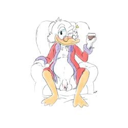 1boy anthro armchair avian balls bird blush bottomless chair clothed clothing disney duck eyewear flaccid front_view glasses housecoat long_foreskin male male_only one_eye_closed penis pinup pose rohly scrooge_mcduck signature sitting solo spread_legs spreading uncut wine_glass wink