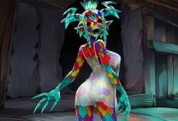 1girls ai_generated braids breasts claws clothed crown dani_(paigen) fangs female glass glass_girl glass_monster glass_skin horn horns horror horror_(theme) large_breasts looking_at_viewer monster_girl multicolored_body multicolored_hair negligee nightgown original original_character paigen pointy_ears sharp_nails sharp_teeth short_hair stained_glass stained_glass_monster static_eyes underwear