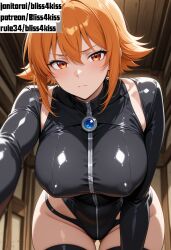ai_generated anime_girl anime_style arms_akimbo aroused_blush aroused_expression artistic_nudity bedroom_doorway black_bodysuit black_latex blue_button blush bob_cut body_sweat bodysuit breasts cameltoe close_up_breasts costume_play crotch_focus curvaceous_figure cute_expression detailed_anatomy detailed_background detailed_skin_texture digital_illustration door_pose doorway_setting dramatic_pose dripping_sweat dynamic_pose elegant_curves emotional_expression erotic_art erotic_pose explicit_anime explicit_nudity fantasy_art fantasy_costume female female_character flushed_cheeks form_fitting front_zipper glistening_body glossy_clothes glossy_finish glossy_skin hallway_scene hands_on_hips heart_pupils high_quality_art highres hybrid_setting indoor_scene intimate_pose intricate_details large_breasts latex legs_apart masterpiece_quality nsfw_anime nsfw_content opulent_details orange_hair orb_accessory original original_character perfect_proportions playful_blush pouty_lips provocative_pose pussy pussy_outline realistic_shading red_eyes rule34_style seductive_pose sensual_expression sensual_nude sexy_pose shiny_clothes shiny_fabric shiny_leotard short_hair shoulderless_straps sleek_body soft_lighting solo standing_pose subtle_blush sultry_expression sultry_gaze sweat tight_clothing uncensored vibrant_colors volumetric_lighting voluptuous_figure wet wet_skin wooden_door zipper zipper_visible