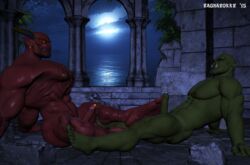 2015 balls big_muscles daz3d demon demon_male dripping drooling duo ear_piercing erection foot_fetish footjob french_kissing gay hellwarden horn humanoid kissing male male/male male_only masturbation monster moon muscular night nipple_piercing nipples open_mouth orc orc_male organge_cum penis piercing pointy_ears ragnarokkr saliva teeth tongue water