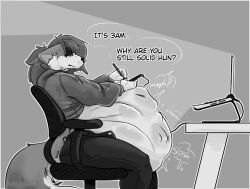 anthro belly big_belly body_outline bottomwear bulge canid canine canis chair clothed clothing computer denim denim_bottomwear denim_clothing digestion digestion_noises domestic_dog drawing drawing_(action) drawing_tablet electronics eyewear femboy furniture glasses gurglegluts hair hand_print hi_res hoodie hyper hyper_belly jay_(gurglegluts) jeans laptop long_hair male male_pred mammal mixed_breed muffled muffled_speech office_chair open_clothing pants prey_outline same_size_vore shepsky slosh solo stomach_bulge topwear vore vore_belly wearing_glasses