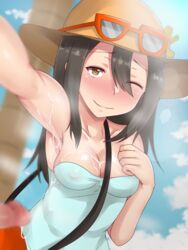 1boy 1girls arm_up armpits bag bare_shoulders black_hair blurry blush breasts brown_eyes brown_hair censored cleavage covered_nipples cum cum_on_armpit cum_on_body cum_string day depth_of_field erection eyelashes female hair_between_eyes hat highres human long_hair nintendo npc npc_trainer one_eye_closed outdoors outstretched_arm penis pokemon pokemon_sm selfie sexy_armpits shinkuso-kun sightseer_(pokemon) sky smile solo_focus straight sunglasses wink