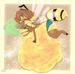 1girls 4_arms antennae_(anatomy) anthro bee bee_girl bones_in_stomach burping cami_gz camigz clothing digestion digestion_noises female female_pred glasses hair hyper hyper_belly insect_girl long_hair multiple_prey stinger vore vore_belly