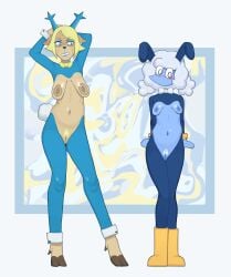 absurd_res air_creature air_humanoid anthro blush boots breasts carol_holiday clothing cloud costume deer deltarune duo elemental_creature elemental_humanoid elnina_(deltarune) fake_ears female footwear genitals grimace hands_behind_back hands_behind_head hi_res humanoid living_cloud mammal mature mature_female miliandpaint nasolabial_folds new_world_deer pubes pubic_hair reindeer reverse_bunny_costume sagging_breasts shoes small_breasts undertale_(series) vulva