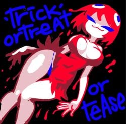 1girls 2d 2d_(artwork) black_background blinky_(pac-man) breasts digital_media_(artwork) dress english_text female female_only halloween light-skinned_female light_skin minus8 namco pac-man_(series) pac-man_ghost_dance_(minus8) plain_background red_dress red_hair smile solo solo_female text thighs thong underwear