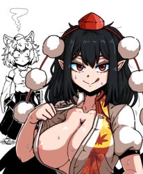 black_hair clothed exposed_breasts formicid large_breasts licking_lips momiji_inubashiri shameimaru_aya sweat tagme touhou