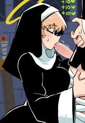 1boy 1girls ass big_breasts blonde_hair blowjob blush breasts closed_eyes clothed fellatio female halo healing heart lunatheri male nun nun_outfit original saliva short_hair sweat