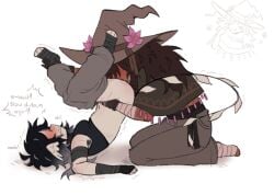 ambiguous_gender armpit_hair azure_(forsaken) azureslut bite_mark bite_marks blushed_face eating_pussy english_text face_in_ass flower_on_head forsaken_(roblox) overstimulation pants_down pussy roblox scar scars tail two_time_(forsaken) wings_on_head witch_hat