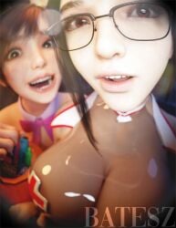 2girls 3d android batesz big_breasts big_thighs black_hair blender breasts brown_eyes brown_hair bunny_costume bunny_ears bunnysuit candies cross_nipple_cover eve_(stellar_blade) female female_focus glasses green_eyes halloween halloween_costume halloween_theme huge_breasts lily_(stellar_blade) lily_artemis_ii nurse_costume nurse_outfit playstation shift_up stellar_blade trick_or_treat