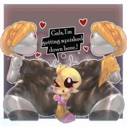 3girls atomic_heart cami_gz camigz clothing faceless faceless_character faceless_female female female_pred five_nights_at_freddy's fnaf hyper hyper_belly left_(atomic_heart) multiple_females multiple_girls multiple_preds multiple_prey right_(atomic_heart) robot robot_girl robot_humanoid text text_bubble the_twins_(atomic_heart) toy_chica_(fnaf) vore vore_belly