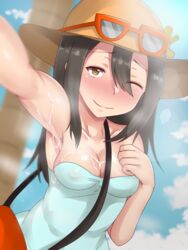 1girls arm_up armpits bag bare_shoulders black_hair blush breasts brown_eyes brown_hair censored cleavage covered_nipples cum cum_on_armpit cum_on_body cum_string day erection eyelashes female hair_between_eyes hat highres human long_hair nintendo nipples npc npc_trainer one_eye_closed outdoors outstretched_arm pokemon pokemon_sm selfie sexy_armpits shinkuso-kun sightseer_(pokemon) sky smile solo sunglasses wink