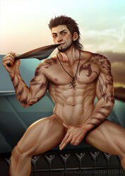 1boy abs bara car covering_crotch final_fantasy final_fantasy_xv gladiolus_amicitia looking_at_viewer male_only muscle naughty_face nude outdoors pecs seductive sitting solo tattoo underwear underwear_removed undressing ynorka