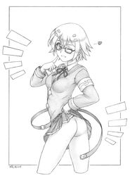 ass female greyscale harumachi_nagaaki monochrome no_panties open_mouth school_uniform short_hair skirt skirt_lift smile solo thighs tongue