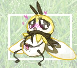 1boy antennae arthropod black_eyes black_skin blush detailed_background edit epistaxiophilia fairy feet grass half-closed_eyes heart insect male nintendo outdoors penis photo pokemon pokemon_sm ribombee scarf solo tapering_penis trash video_games white_body wings yellow_body