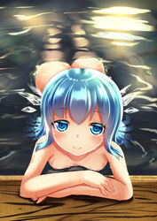 ass bath blue_eyes blue_hair blush breasts cirno collarbone female highres ice ice_wings kirimori_toya long_hair looking_at_viewer moonlight onsen reflection small_breasts smile touhou wings