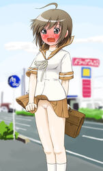 ahoge bag black_eyes blush brown_hair embarrassed female innie_pussy no_panties open_mouth original outdoors pleated_skirt pussy school_bag school_uniform serafuku shirt short_hair skirt skirt_tug sky socks solo takapi uncensored wavy_mouth wind_lift