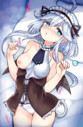 ahoge ajitarou_(setsu) android black_wings blue_eyes blush breasts brown_bodice commentary_request emil_chronicle_online female frilled_hairband frills hairband head_on_pillow heart highres leotard long_sidelocks lying medium_breasts mitama_aria nipples on_bed panties pillow sidelocks solo spoken_heart underwear white_hair white_leotard white_panties white_tail wings