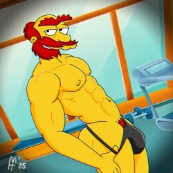 20th_century_studios abs artist_signature beard biceps black_thong dilf fabfelipe gay groundskeeper_willie gym high_resolution highres huge_butt inviting male muscles muscular muscular_male nipples older_male pecs pubic_hair red_beard red_hair seductive the_simpsons thong toony_face yellow_body