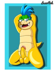 1boy 2016 animal_genitalia animal_penis anthro arms_behind_back arms_up balls blue_background erection full_body hair hi_res humanoid_penis kneeling koopa koopaling larry_koopa looking_at_viewer lusarthel male male_only mario_(series) nintendo nude open_mouth penis presenting scalie simple_background smile solo spreading testicles tongue video_games white_border