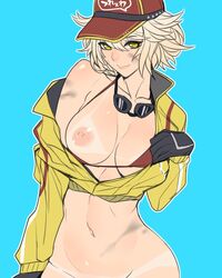 1girls ban belly blonde blonde_hair breasts cindy_aurum cleavage covered_breasts covered_nipples dirty erect_nipples female female_only final_fantasy final_fantasy_xv glasses gloves goggles goggles_around_neck green_eyes hat high_resolution hips hourglass_figure jacket large_breasts navel nipple_bulge nipples short_hair solo unzipped