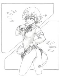 ass female greyscale harumachi_nagaaki monochrome no_panties open_mouth school_uniform short_hair skirt skirt_lift smile solo thighs tongue