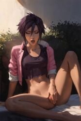 1girls ai_animation ai_generated alexxwhite animated anus arm_support bottomless bottomless_female brown_eyes collarbone dispatch_(game) female female_focus female_only fingering fingering_self invisigal jacket legs looking_at_viewer masturbation navel no_sound nose_piercing nose_ring open_jacket piercing pink_jacket purple_hair purple_shirt pussy rubbing_pussy shirt short_hair sitting sitting_on_bed solo solo_female solo_focus spread_legs stable_diffusion stomach tagme thighs uncensored vagina video