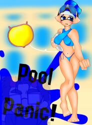 bladder_gauge blue_hair genderswap_(mtf) goggles_(splatoon) kyonco pool poolside simple_background simple_shading splatoon splatoon_(manga) swimsuit