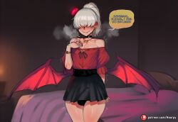 1boy 1femboy ai_generated alloween aroused aroused_face bed bedroom black_skirt blush bulge bulge_through_clothing bulge_under_clothes caption clothed clothing comic comic_page comics cosplay cute cute_face dress earrings embarrassed english english_text femboy femboy_focus femboy_only hair_ornament hair_over_eyes halloween_2025 halloween_costume halloween_theme hoop_earrings hoorpy indoors jewelry male necklace nervous original_character patreon patreon_logo patreon_username petite petite_body sexy sexy_body sexy_pose skirt story sweat sweatdrop sweating text thick_thighs thighs trap vampire vampire_costume vampire_fangs vampire_teeth white_hair