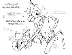 2025 2_horns 4_fingers ambiguous/ambiguous ambiguous_gender ambiguous_humanoid animate_inanimate black_text blush blush_lines closed_eyes dialogue dirty_talk duo english_text explicitly_stated_consent eyebrows eyelashes fabric_creature featureless_crotch female female_(lore) fingers gangle_(tadc) glitch_productions greyscale grinding hand_on_hip hand_on_own_hip hand_under_chin heart_symbol horn humanoid humanoid_on_humanoid kneeling living_mask living_toy lying mask moan monochrome motion_lines nonbinary_(lore) not_furry null null_stimulation on_back potatonebula side_view signature smile spiral spiral_eyes stuttering talking_to_another talking_to_partner text the_amazing_digital_circus thrusting zooble_(tadc)