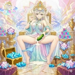 ai_generated blonde_hair blue_eyes blue_panties cookie_run cookie_run_kingdom crk crown crystals cucumber cum_drip cum_on_body cum_pool explicit fantasy female gems goddess gold jewelry large_breasts long_hair masturbation mystic_flour_cookie object_insertion panties_aside pussy queen smile smug solo the_leavened_one throne treasure victory_sign