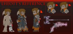 asura balls brown_hair clothing costume fan_character grin guild_wars gun hair humanoid lheott mammal model_sheet penis ranged_weapon red_eyes robotic standing twili_z video_games weapon