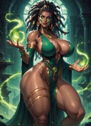 african_female ai ai-created ai_art ai_generated athletic_female big_lips breasts cleavage dark-skinned_female dreadlocks female halloween high_quality huge_breasts jewelry looking_at_viewer magic moonchild41 original_character pelvic_curtain priestess scary sexy_female skimpy_clothes thick_thighs toned_body voodoo voodoo_girl wide_hips yellow_eyes
