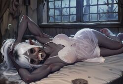 1girls abs ai_generated avril_(paigen) breasts clothed dark_elf dark_skin drool drooling drow elf empty_eyes fangs female hollow_eyes horror horror_(theme) long_hair medium_breasts monster_girl muscles negligee nightgown no_eyes original original_character paigen pointy_ears ponytail saliva sharp_teeth toned_body toned_female undead underwear vampire vampire_fangs vampire_girl white_hair