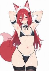 1boy 1femboy 2025 ai_generated alternate_version_available animal_ears animal_tail armpits arms_up bikini bikini_bottom bikini_top black_bikini black_bikini_bottom black_bikini_top black_stockings blue_lock blush bulge crossdressing femboy feminine_male frilled_bikini frills girly hourglass_figure hyoma_chigiri looking_away maid maid_bikini maid_headdress male male_only red_hair simple_background solo standing stockings thighs trap twink verybadboye wide_hips wolf_ears wolf_girl