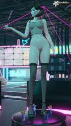 1girls 3d 3d_(artwork) alternate_breast_size alternate_costume asian_female blizzard_entertainment breasts brown_hair cyberpunk_2077 d.va fishnet itsvanillatime overwatch stripper twintails