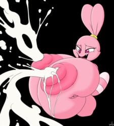 2016 anthro ber00 big_breasts breast_grab breast_squeeze breasts cartoon_network chowder female gigantic_breasts huge_breasts huge_nipples hyper hyper_breasts lactation lagomorph mammal nipples panini puffy_nipples rabbit simple_background skullman777 solo