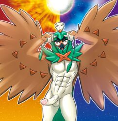 1boy abs anthro avian beak big_penis bird decidueye erection feathers looking_at_viewer male_only moon navel nintendo no_nipples nude open_mouth orange_eyes owl pecs penis pokemon pokemon_sm smile solo standing sun tenebear testicles tongue veins veiny_penis video_games vines white_penis wings