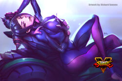 ass bedroom_eyes big_ass black_hair bodysuit breast_grab breasts capcom clothed curvy drill_hair eyelashes female female_only fingerless_gloves gloves highres human juri_han large_breasts looking_at_viewer lying motorcycle nipple_bulge on_back perky_breasts pink_eyes posing richard_suwono seductive self_fondle sidelocks solo street_fighter street_fighter_v toeless_legwear tongue tongue_out twin_drills vehicle