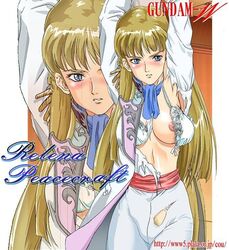 1girls 2003 blonde_hair blue_eyes blush bra breasts brown_hair female gundam gundam_wing human large_breasts light-skinned_female light_skin long_hair nipples nolia pants relena_peacecraft torn_clothes uniform