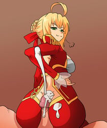 ass assjob blonde_hair buttjob covered_buttjob cum cum_explosion cum_on_ass ejaculation fate/extra fate/grand_order fate_(series) from_behind grinding hot_dogging looking_back mosbles nero_claudius_(fate) orgasm penis rubbing smile smug