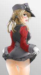 anchor_hair_ornament ass blonde_hair from_behind gloves green_eyes grey_background hair_ornament hat kantai_collection long_hair looking_back microskirt no_panties peaked_cap prinz_eugen_(kantai_collection) profile pussy skirt skirt_lift solo thigh_gap tied_hair twintails uncensored white_gloves yoshitani_motoka