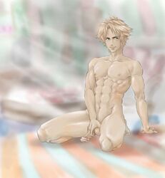 1boy abs bar_censor blonde_hair final_fantasy final_fantasy_x kneeling male_focus male_only nude penis penis_grab reito_raichi smile solo testicles tidus