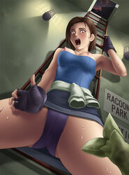 arm arm_up armpits bare_arms bare_legs bare_shoulders black_gloves blush breasts breasts_out brown_eyes brown_hair capcom deep_rising dutch_angle female fingerless_gloves from_below gloves indoors jill_valentine jill_valentine_(julia_voth) lamp large_breasts legs looking_at_viewer looking_down nipples open_mouth panties pantyshot pantyshot_(standing) pencil_skirt plant purple_panties resident_evil resident_evil_3 round_teeth scared screaming short_hair skirt solo_focus stairs standing strapless sweat teeth tubetop upskirt