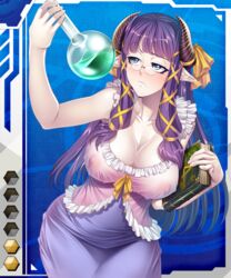 blue_eyes book breasts cleavage female glasses horns large_breasts lilith-soft long_hair nipples pointy_ears potion purple_hair raquel_zosimos see-through solo taimanin_asagi_battle_arena taimanin_asagi_battle_arena_all_card_gallery zol