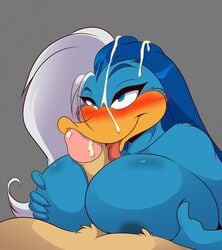 1boy 1girls 2016 anthro areolae avian beak big_breasts bird blush breasts cum cum_on_face duck fellatio female humanoid_penis jupiter_(mastergodai) knuckle_up! male mastergodai oral paizuri penis rascals scarlet_(mastergodai) sex straight