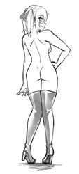 ass back blush boots breasts female hand_on_hip high_heel_boots looking_at_viewer looking_back monochrome nude seitokai_no_ichizon shiina_minatsu short_twintails sideboob smile solo standing thigh_boots thighhighs tied_hair twintails twrlare