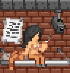 animated bed black_hair breasts brick camera clothing hair human jumpsuit mammal paper pixel_art prison smoking starbound travelling_merchant video_games