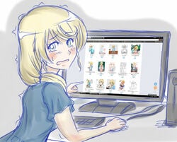 blonde_hair blue_eyes blue_shirt blush computer crying ellen_baker female google_chrome highres long_hair looking_at_own_porn looking_at_porn meta new_horizon open_mouth pixiv pointing ponytail pornography shirt short_sleeves solo sweat tears tied_hair trembling viperxtr