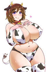 1futa animal_ears blush breast_suppress breasts brown_hair cleavage cow_ears cow_girl cow_horns curvy erect_nipples futa_only futanari heart heart-shaped_pupils highres horns huge_breasts intersex navel original penis plump purple_eyes short_hair smile solo symbol-shaped_pupils thick_thighs thighs tongue tongue_out wide_hips yosyo